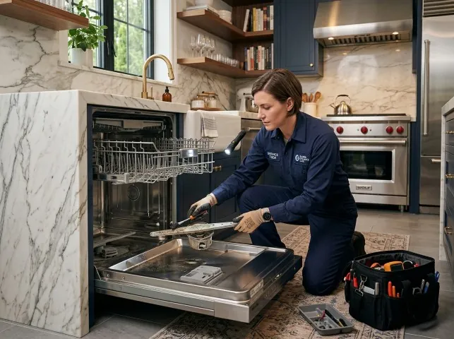 Appliance Repair Hero technician servicing a built-in dishwasher in a Avalon, NJ kitchen
