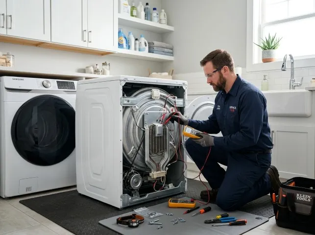 Appliance Repair Hero technician checking a dryer heating element with the rear panel off in Avalon, NJ