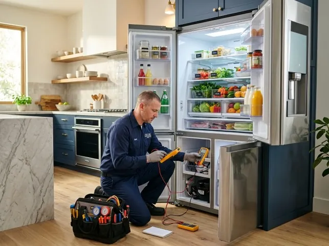 Appliance Repair Hero refrigerator technician testing a fridge on a Avalon, NJ service call