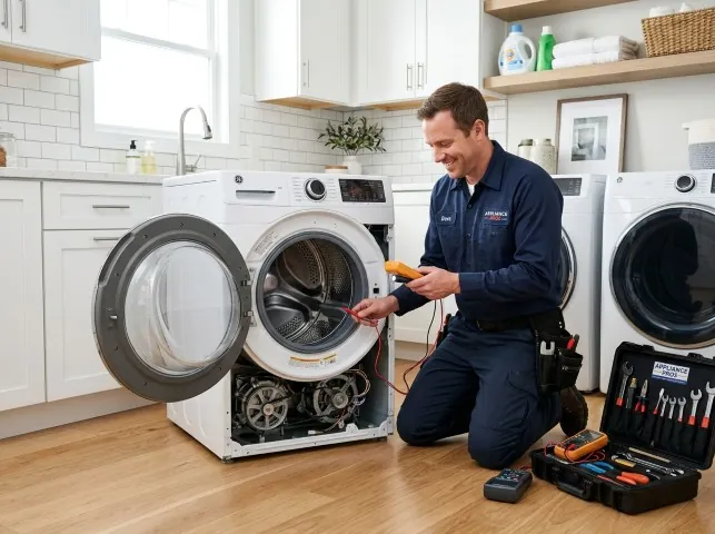 Appliance Repair Hero technician testing a front-load washer with a multimeter on a Avalon, NJ service call